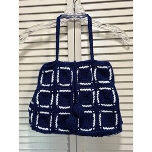 Granny Square Purse Blue/White Handmade Crocheted Medium Size No Lining/pockets‎